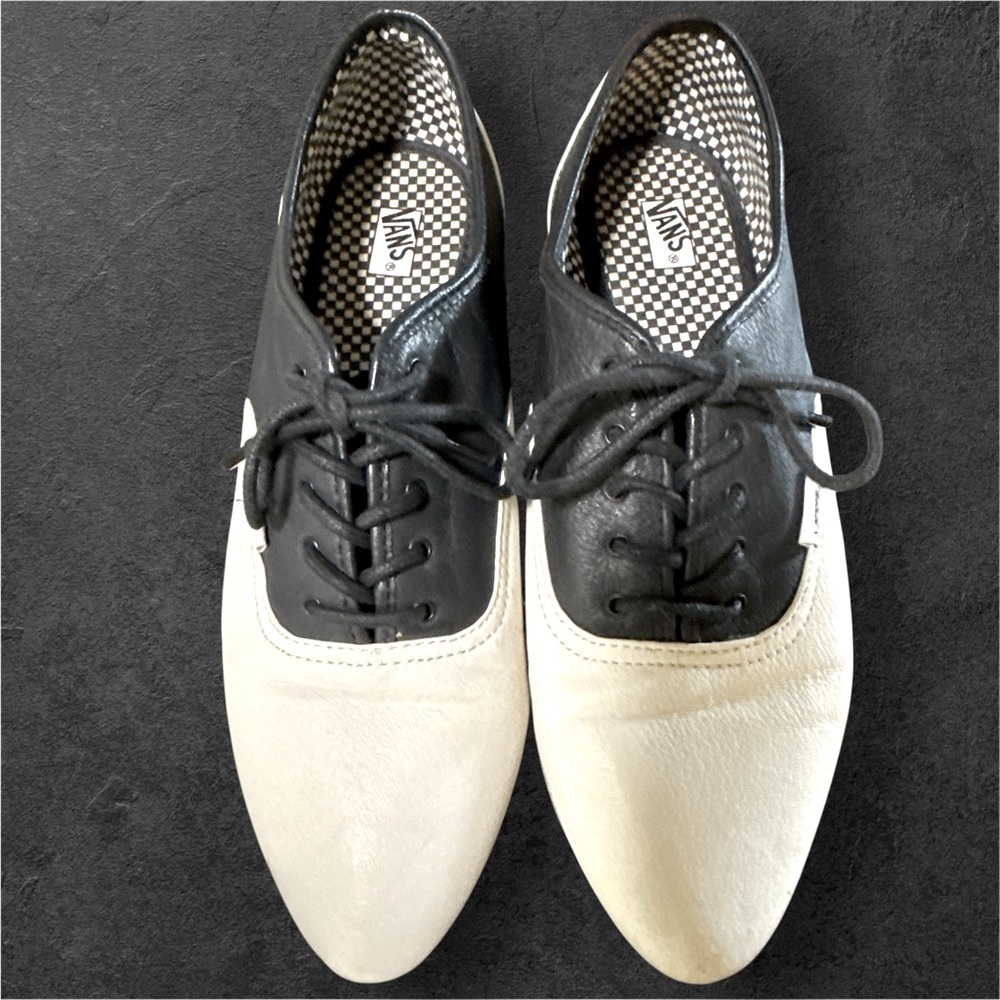 Unique Vans Black and White Leather Sneakers. Size 8.